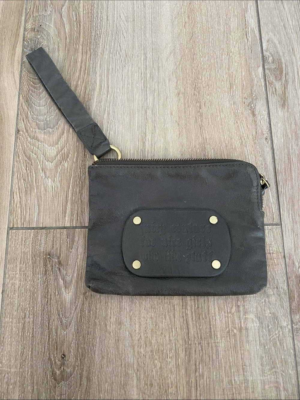 Juicy Couture Dark Green Leather Zip Wrislet Pouch with Patterned Lining